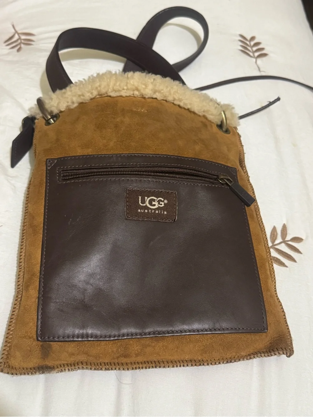 UGG Brown Suede and Dark Brown Leather Messenger Bag with Shearling Trim